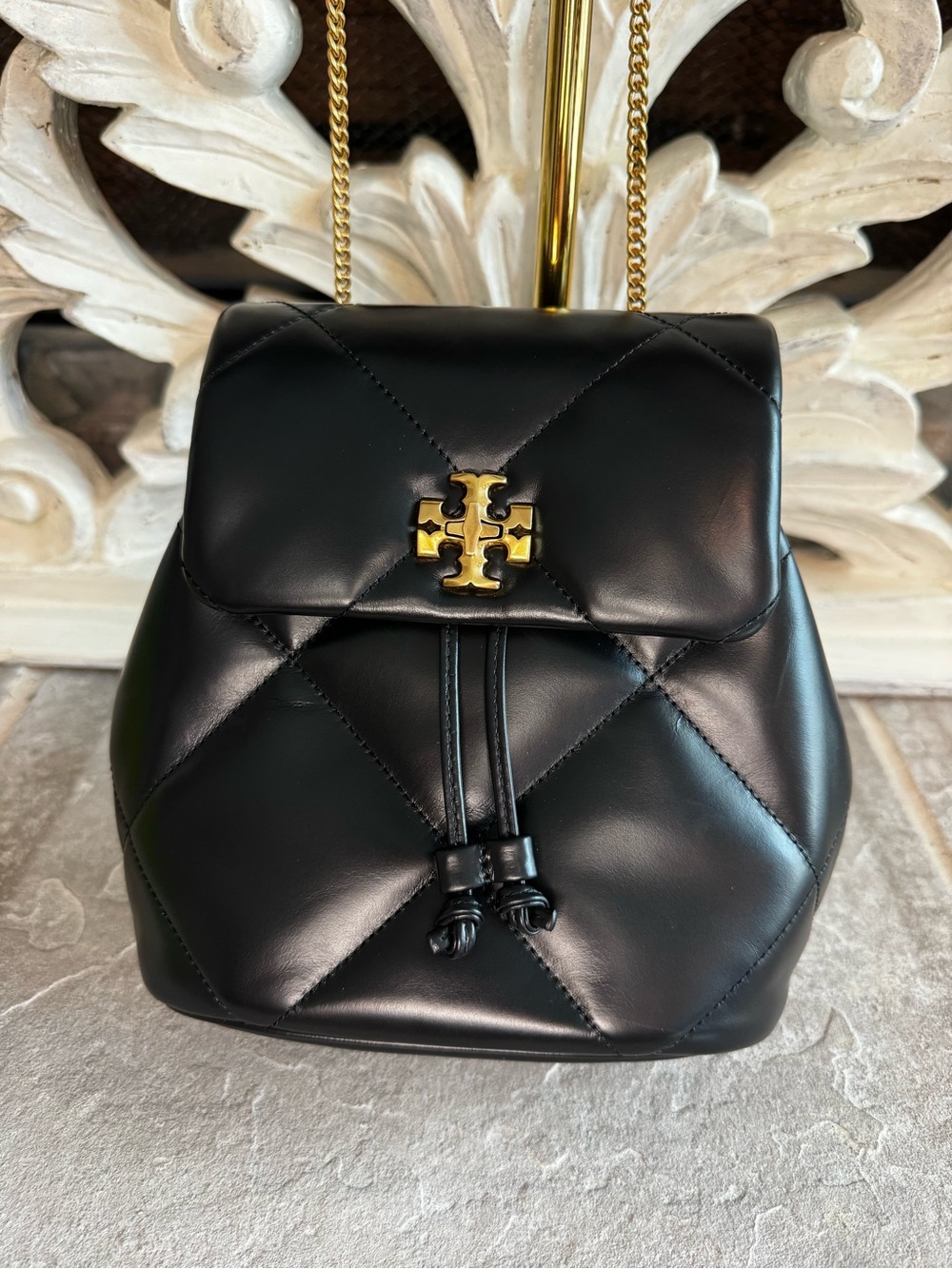 Tory Burch Black Quilted Leather Mini Backpack with Gold Logo NWT and Dustbag